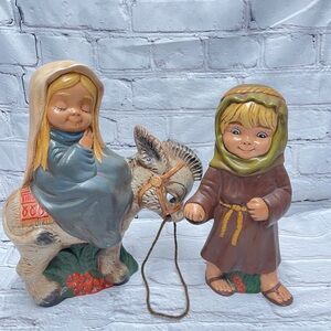Ceramic Christmas Nativity Figurines Mary on Donkey Joseph Hand Painted